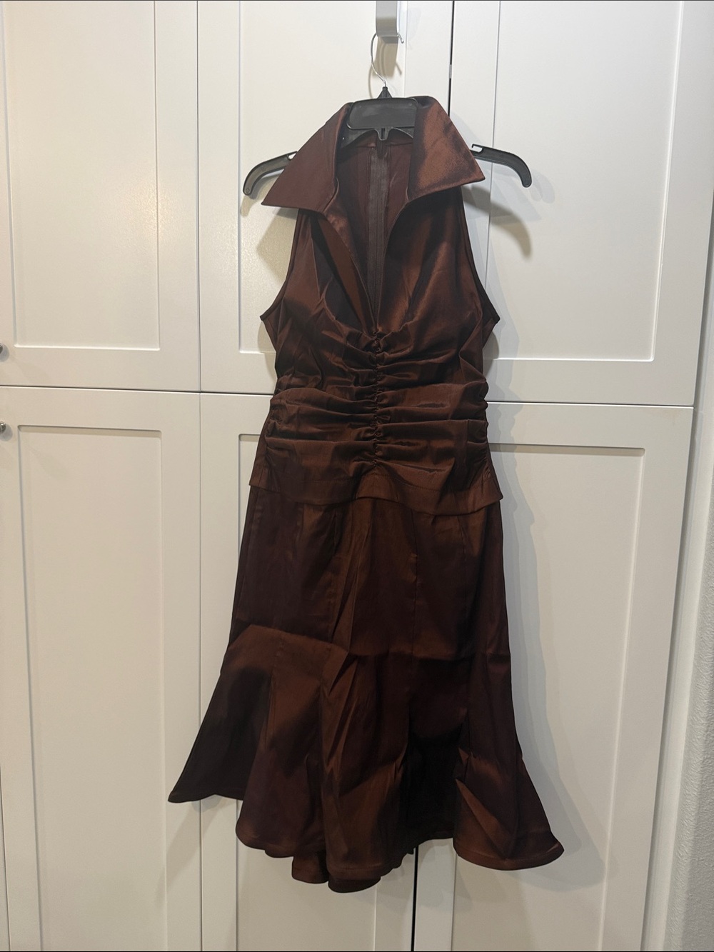 Satin Brown Halter Midi Dress with Ruched Waist